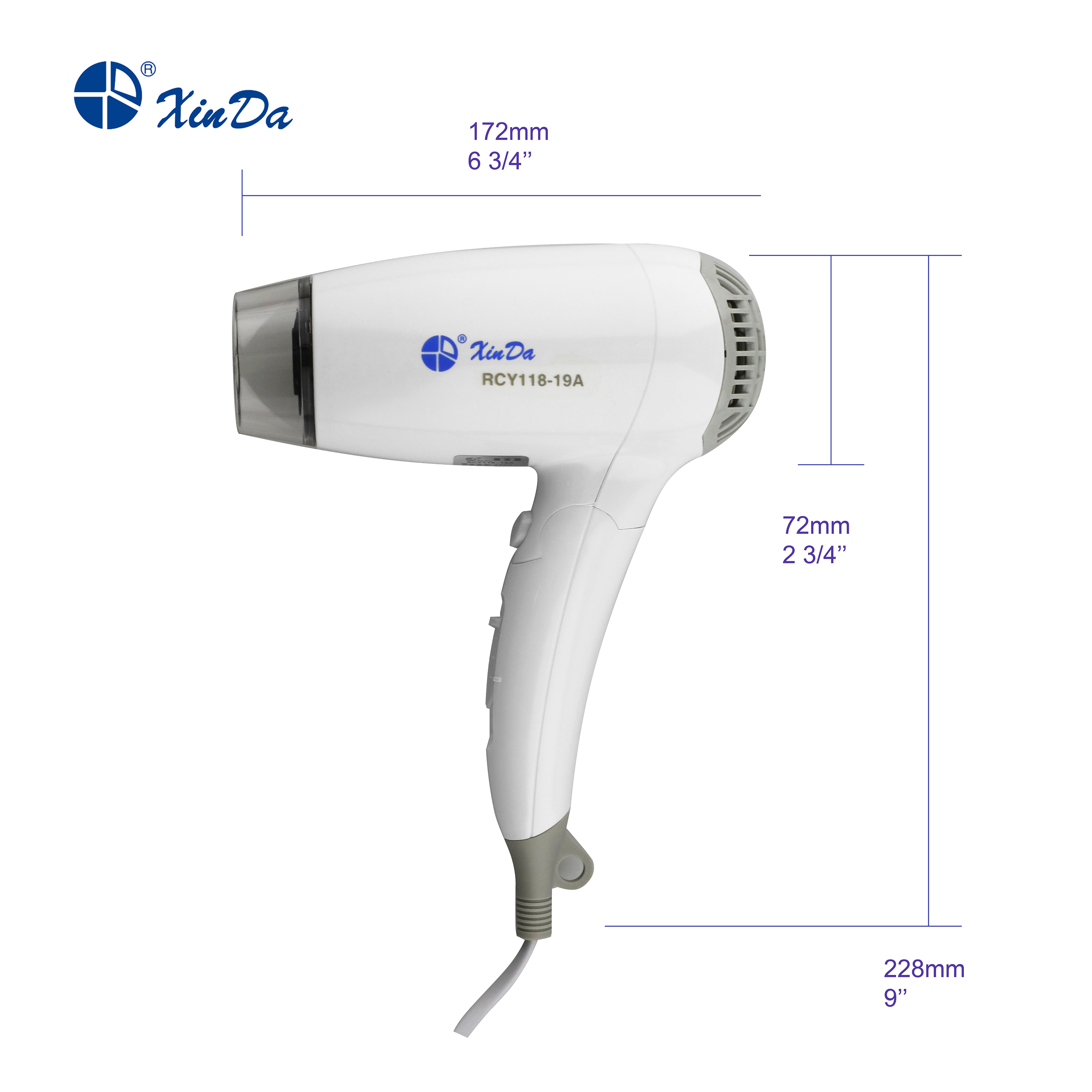 XINDA RCY-118 19A secador de pelo montado en la pared de aire caliente y antiguo 1600 vatios Hotel eléctrico plegable disponible para baño de Hotel plástico